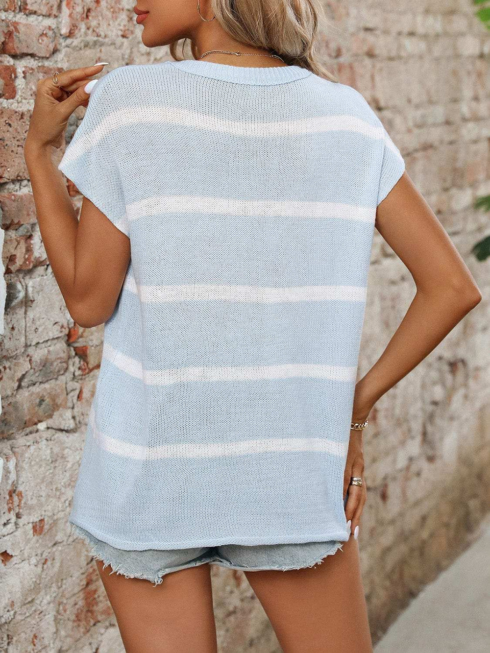 Striped Round Neck Short Sleeve Knit Top - Trendsi - Flyclothing LLC