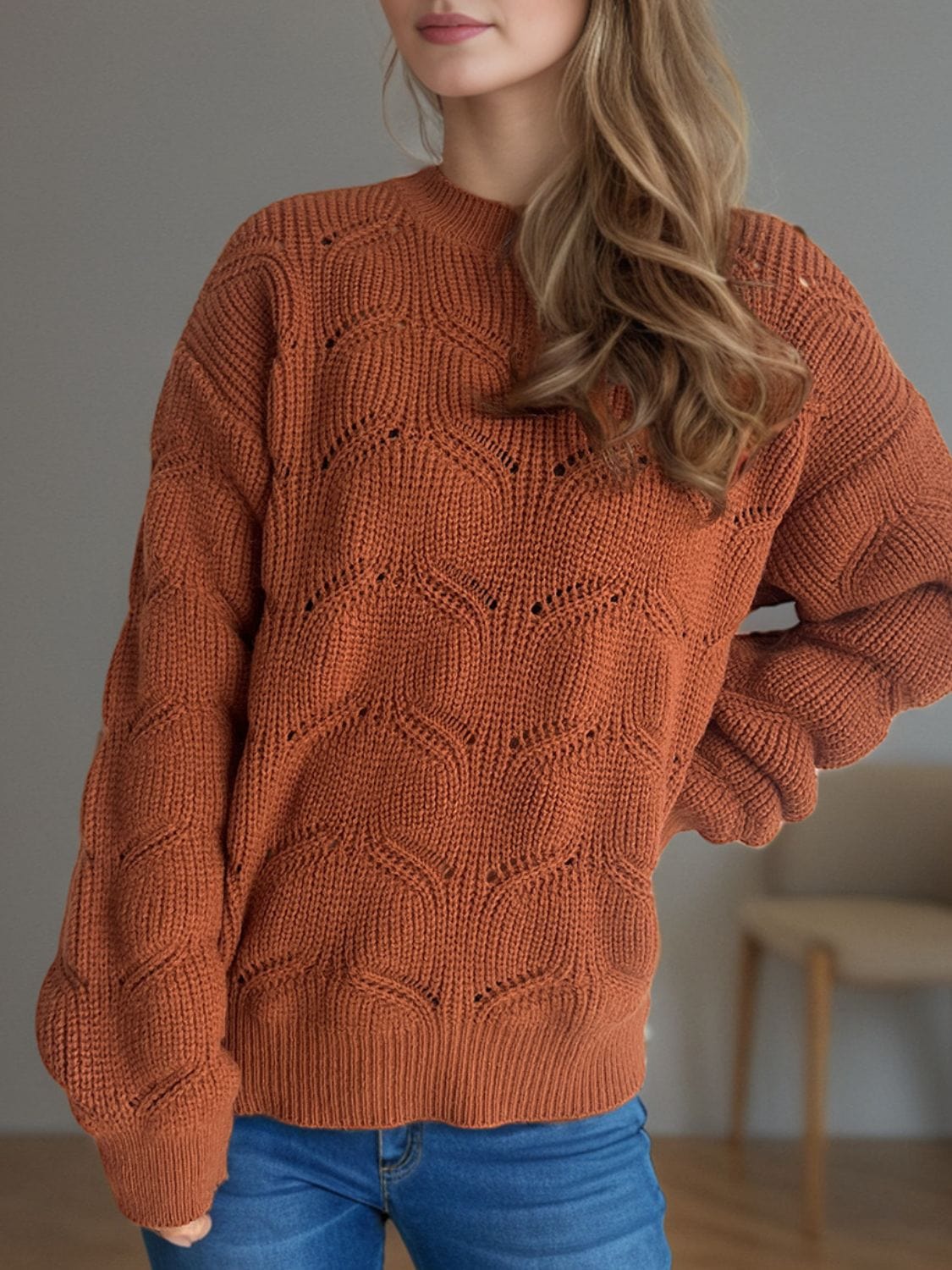 Openwork Round Neck Dropped Shoulder Sweater - Trendsi