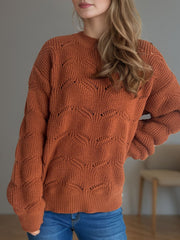 Openwork Round Neck Dropped Shoulder Sweater - Trendsi