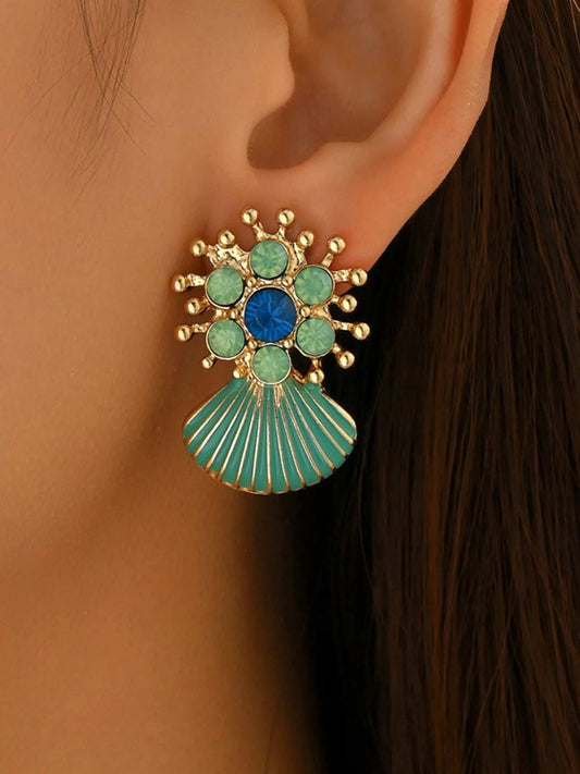 Resin Stainless Steel Rhinestone Shell Drop Earrings - Trendsi - Flyclothing LLC