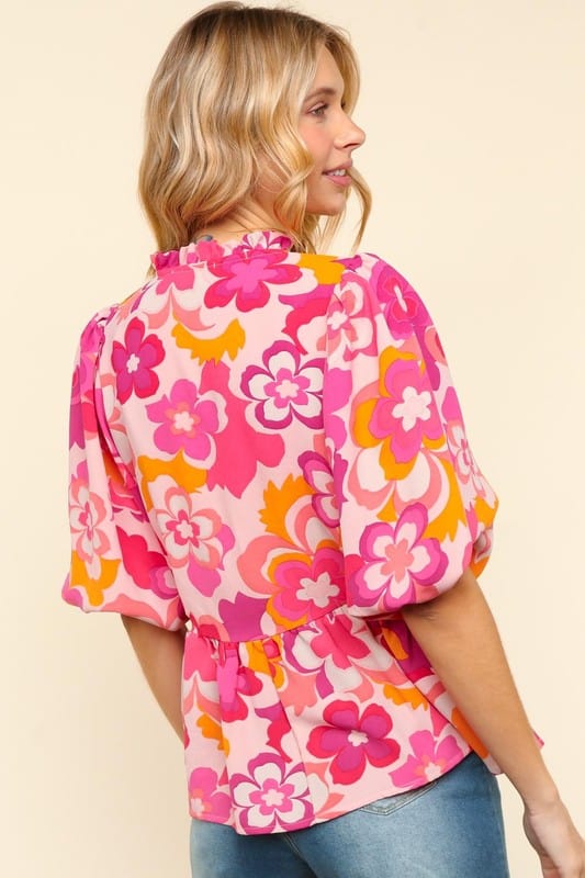 Haptics Full Size Frill Floral Puff Sleeve Blouse - Trendsi