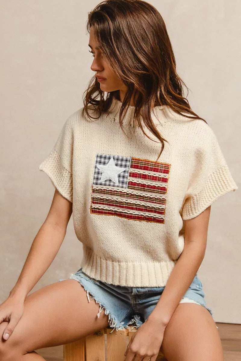 BiBi American Flag Patchwork Drop Shoulder Sweater - Trendsi - Flyclothing LLC