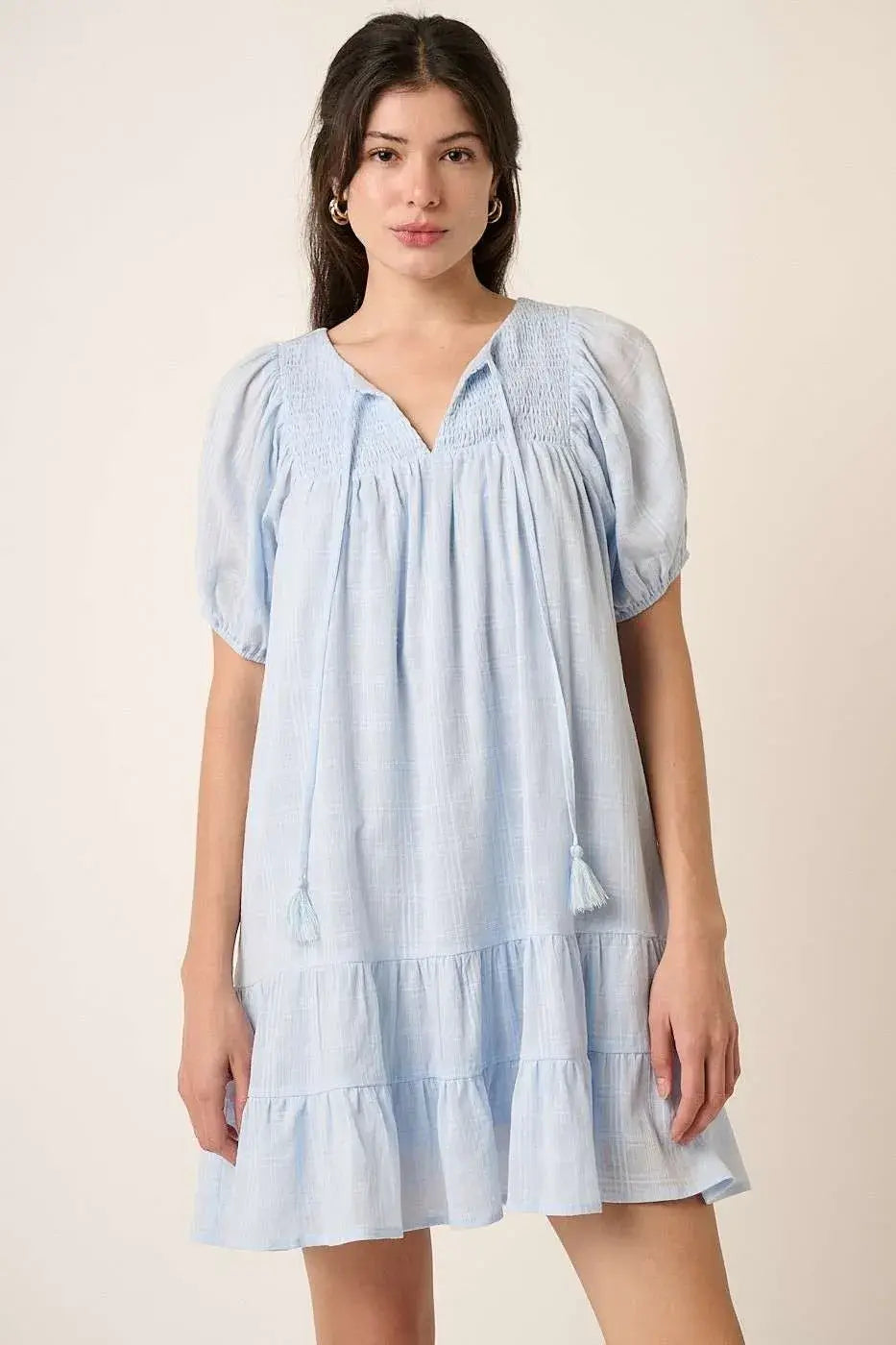 Mittoshop Tassel Tie Plaid Gauze Short Sleeve Mini Dress - Trendsi - Flyclothing LLC