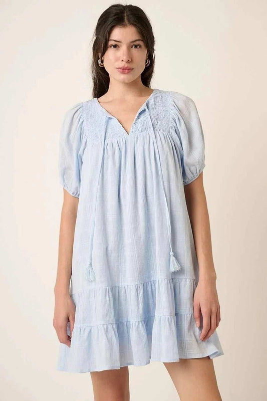 Mittoshop Tassel Tie Plaid Gauze Short Sleeve Mini Dress - Trendsi - Flyclothing LLC