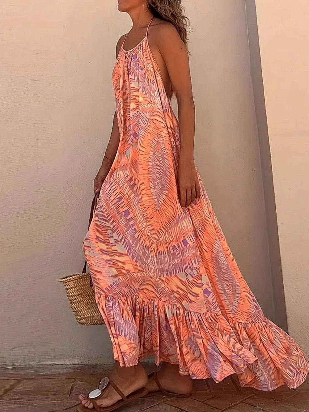 Backless Printed Halter Neck Maxi Cami Dress - Trendsi - Flyclothing LLC