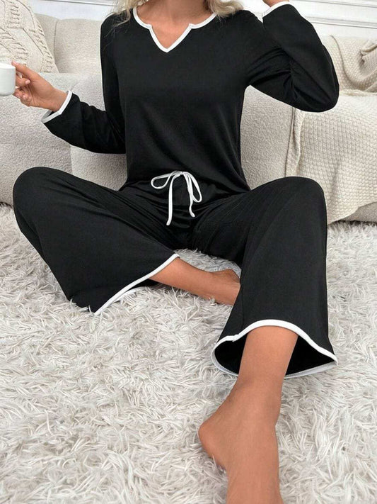 Contrast Trim Notched Long Sleeve Top and Pants Lounge Set - Trendsi - Flyclothing LLC