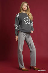 Umgee Round Neck Sweater with Floral Accents - Trendsi - Flyclothing LLC