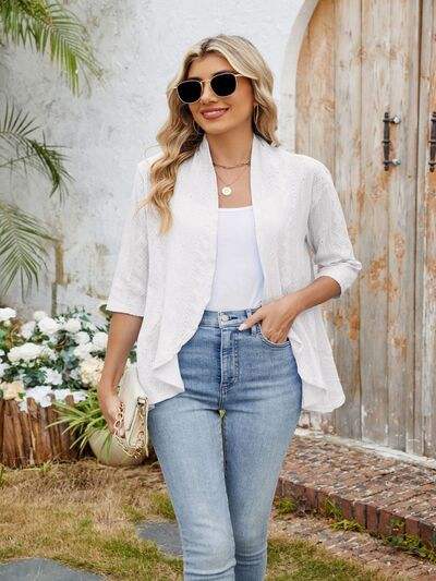 Eyelet Open Front Three-Quarter Sleeve Top - Trendsi - Flyclothing LLC