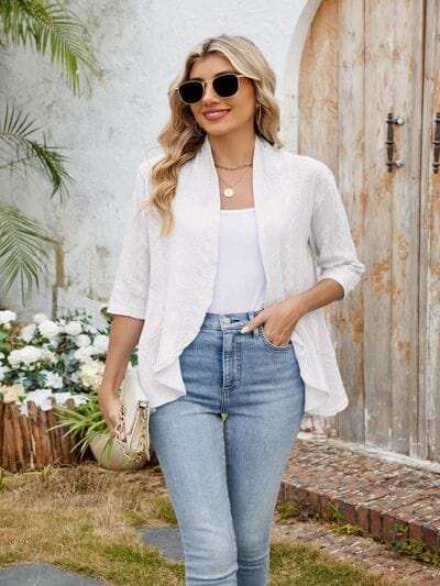 Eyelet Open Front Three-Quarter Sleeve Top - Trendsi - Flyclothing LLC