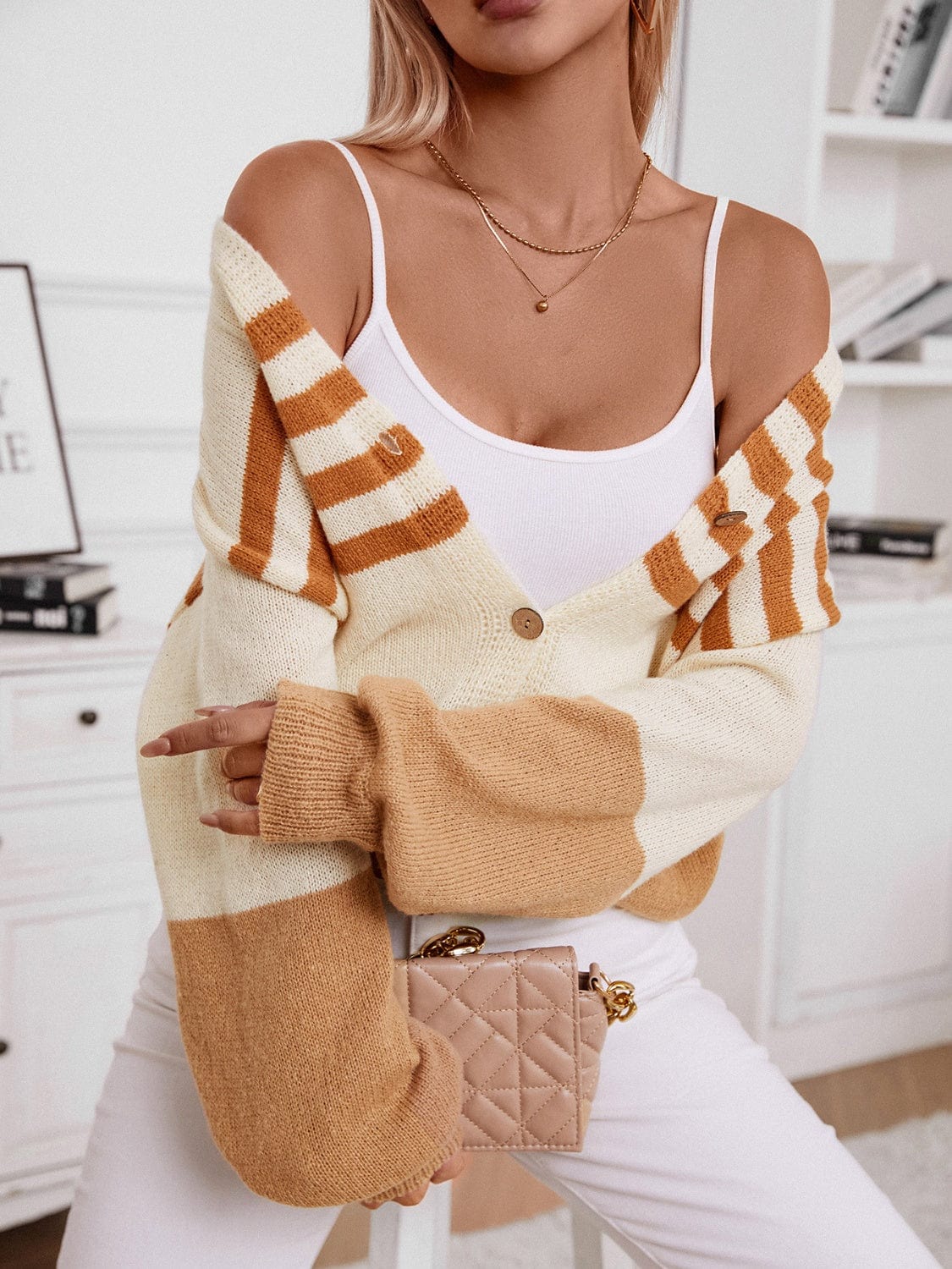 Color Block V-Neck Button Down Long Sleeve Cardigan - Trendsi