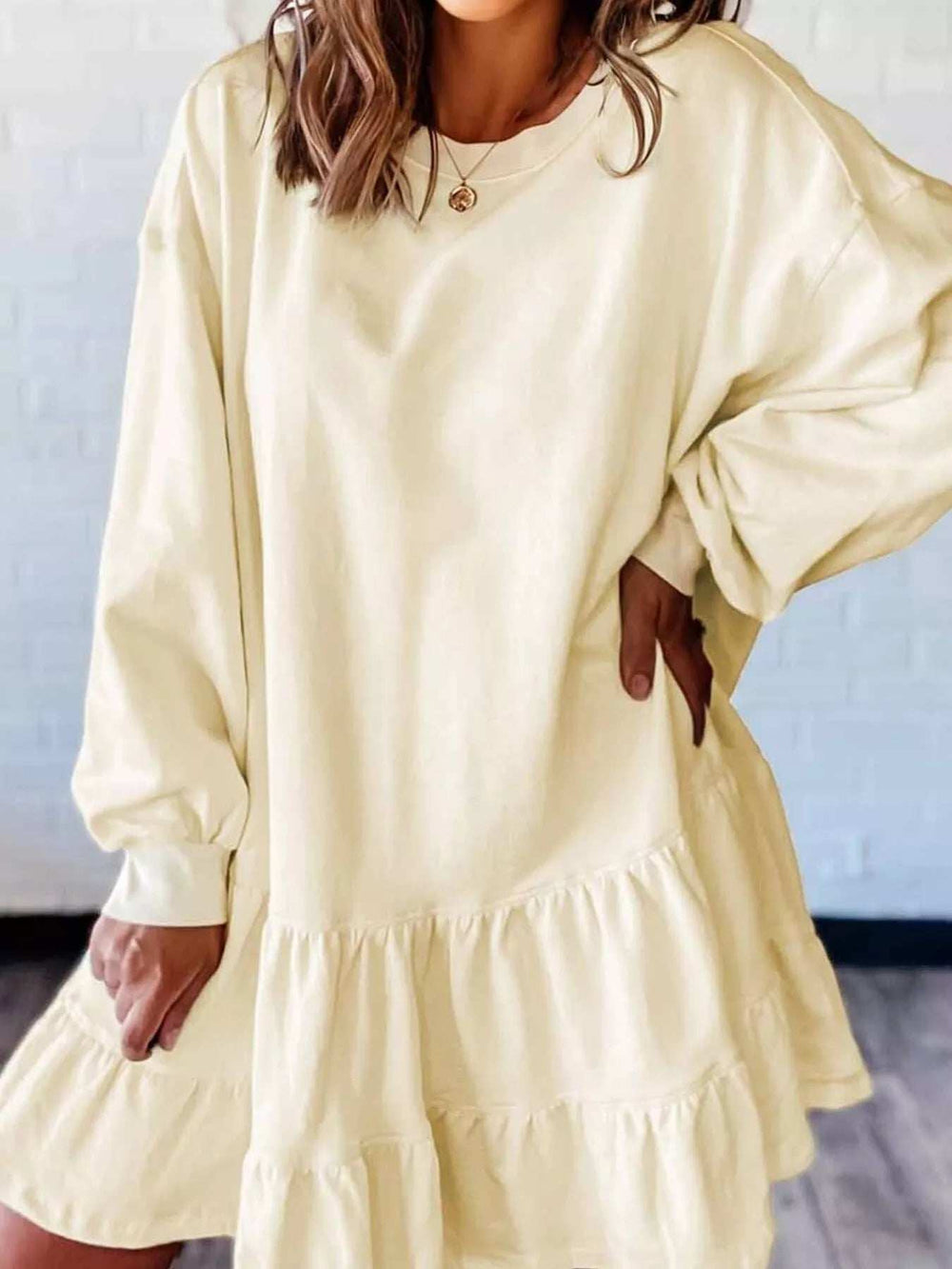 Double Tiered Ruffle Hem Long Sleeve Loose Mini Dress - Trendsi - Flyclothing LLC