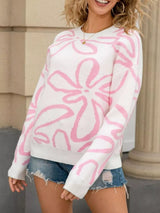 Flower Crew Neck Long Sleeve Sweater - Trendsi - Flyclothing LLC