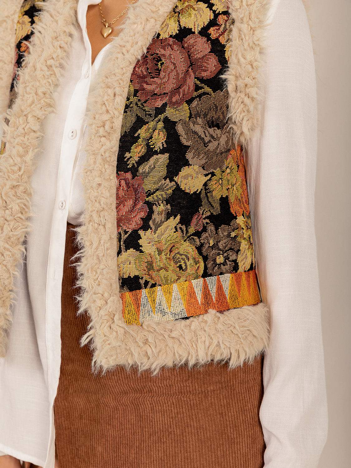Embroidered Fuzzy Trim Open Front Vest Coat - Trendsi - Flyclothing LLC