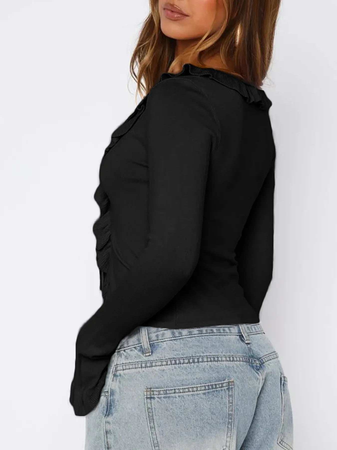 Ruffled Tie Front Flare Sleeve Shirt - Trendsi - Flyclothing LLC