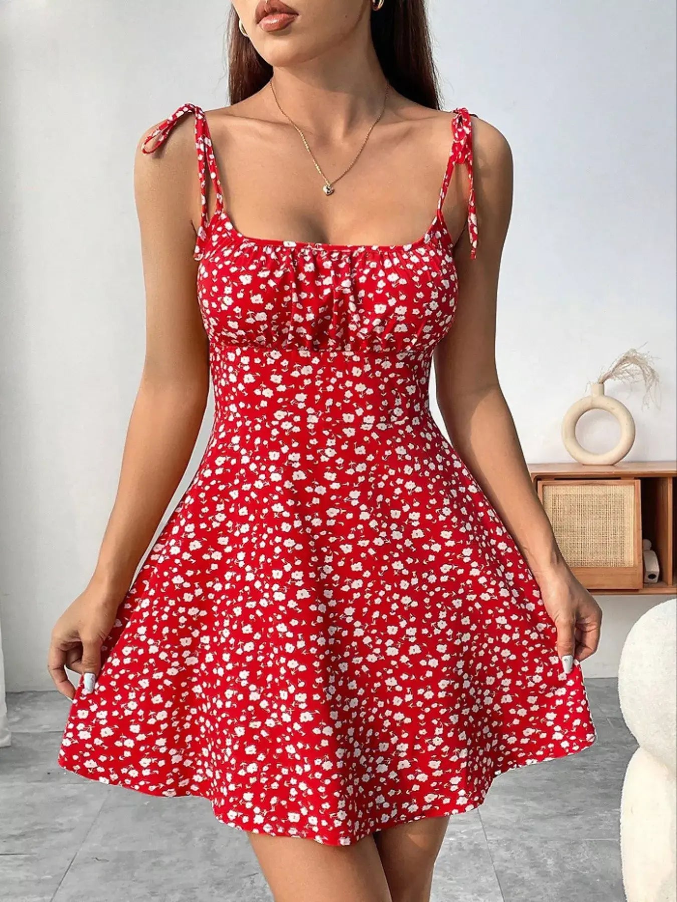 Floral Print Tie Strap Mini Dress - Trendsi - Flyclothing LLC