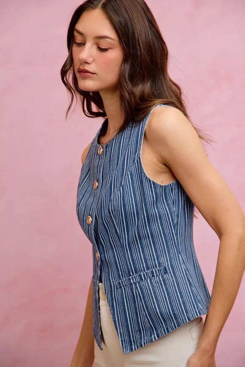 SO ME Stripe Slim Fit Button Front Denim Vest Top - Trendsi - Flyclothing LLC