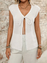 Tied Front Openwork V-Neck Knit Top - Trendsi - Flyclothing LLC
