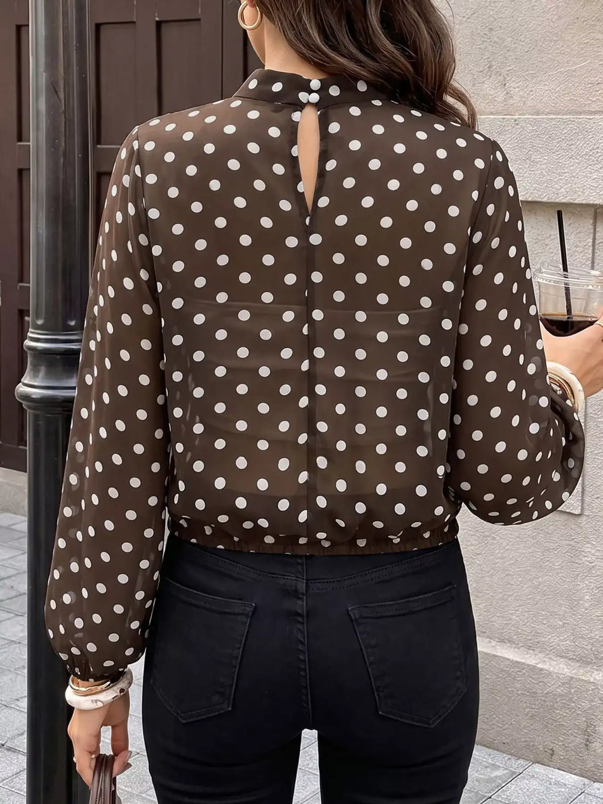 Polka Dot Mock Neck Long Sleeve Blouse - Trendsi - Flyclothing LLC