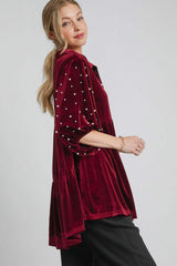 Umgee Pearl Detail Collared Neck Velvet Babydoll Blouse - Trendsi - Flyclothing LLC