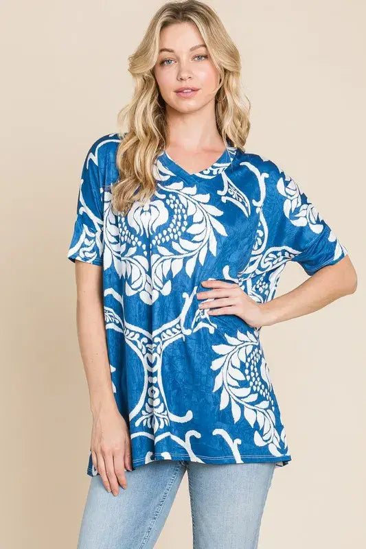 BOMBOM Printed Relaxed V-Neck Tunic Top - Trendsi - Flyclothing LLC