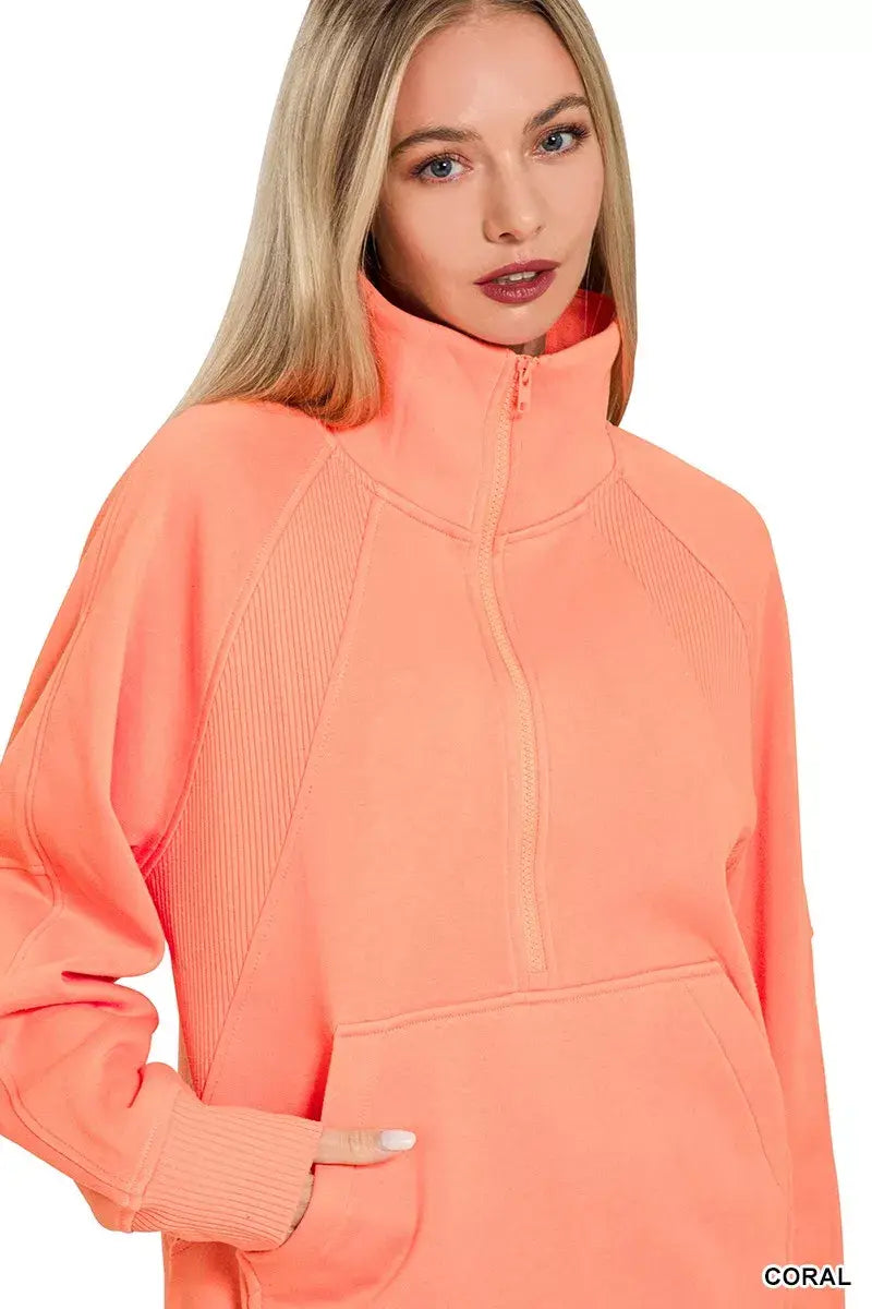 Zenana Half Zip Fleece Sweatshirt with kangaroo Pocket - Trendsi - Flyclothing LLC
