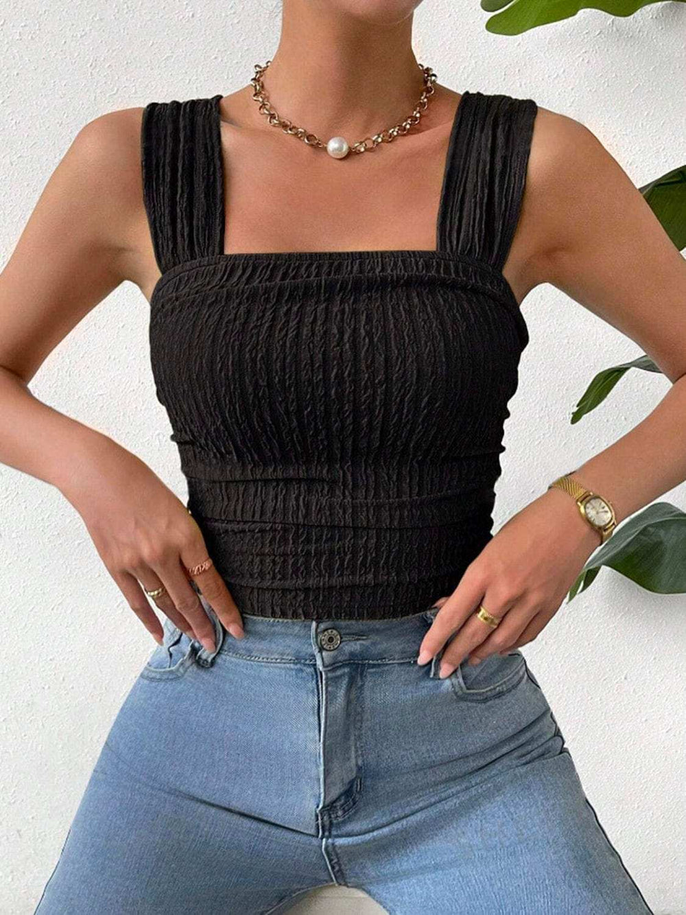 Textured Square Neck Wide Strap Tank - Trendsi - Flyclothing LLC