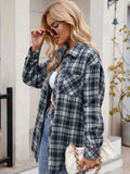 Pocketed Plaid Collared Neck Long Sleeve Shirt - Trendsi - Flyclothing LLC