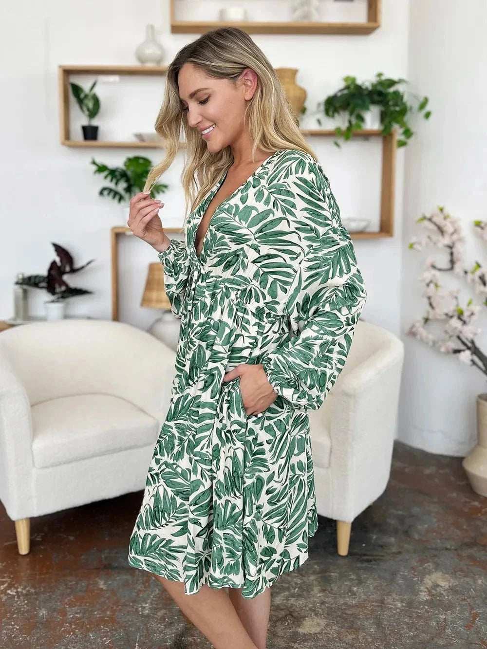 Double Take Full Size Printed Ruched Balloon Sleeve Dress - Trendsi - Flyclothing LLC