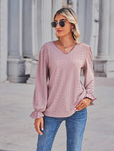Eyelet V-Neck Flounce Sleeve Blouse - Trendsi - Flyclothing LLC
