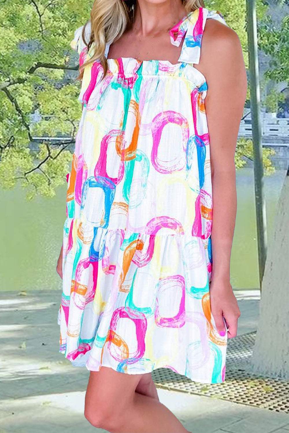 Tied Printed Sleeveless Mini Dress - Trendsi - Flyclothing LLC