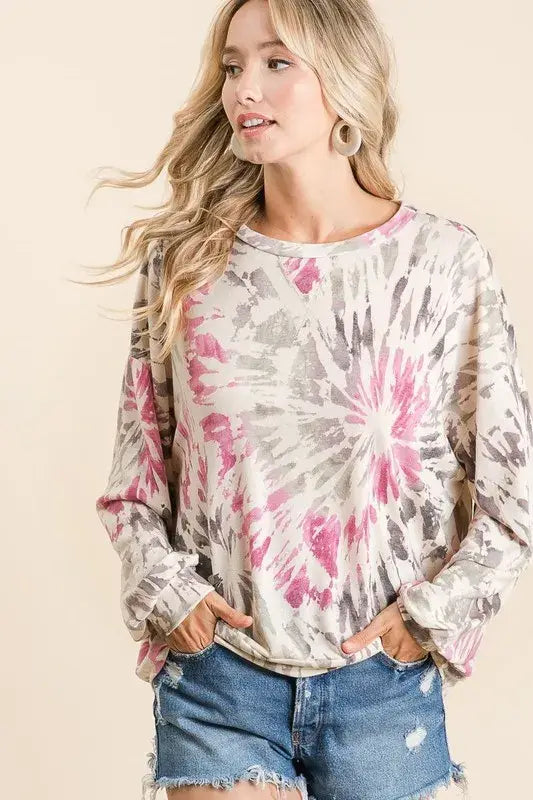 BiBi Tie Dye Print Terry Pull Over - Trendsi - Flyclothing LLC