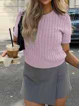Cable-Knit Short Sleeve Sweater - Trendsi - Flyclothing LLC