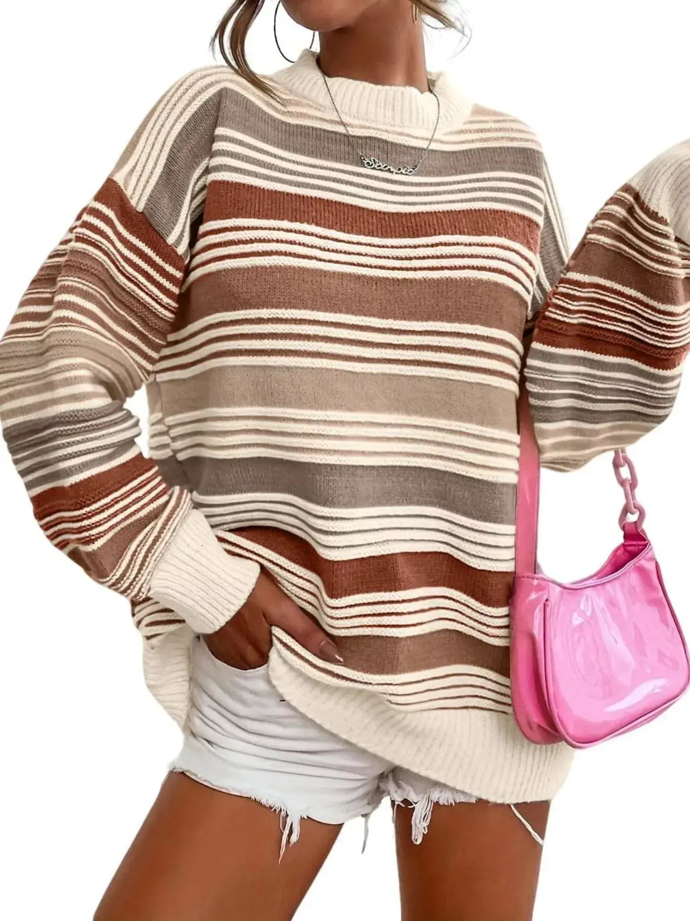 Striped Knit Long Sleeve Sweater - Trendsi - Flyclothing LLC