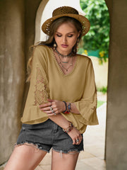 Plus Size Lace Detail V-Neck Flounce Sleeve Blouse - Trendsi