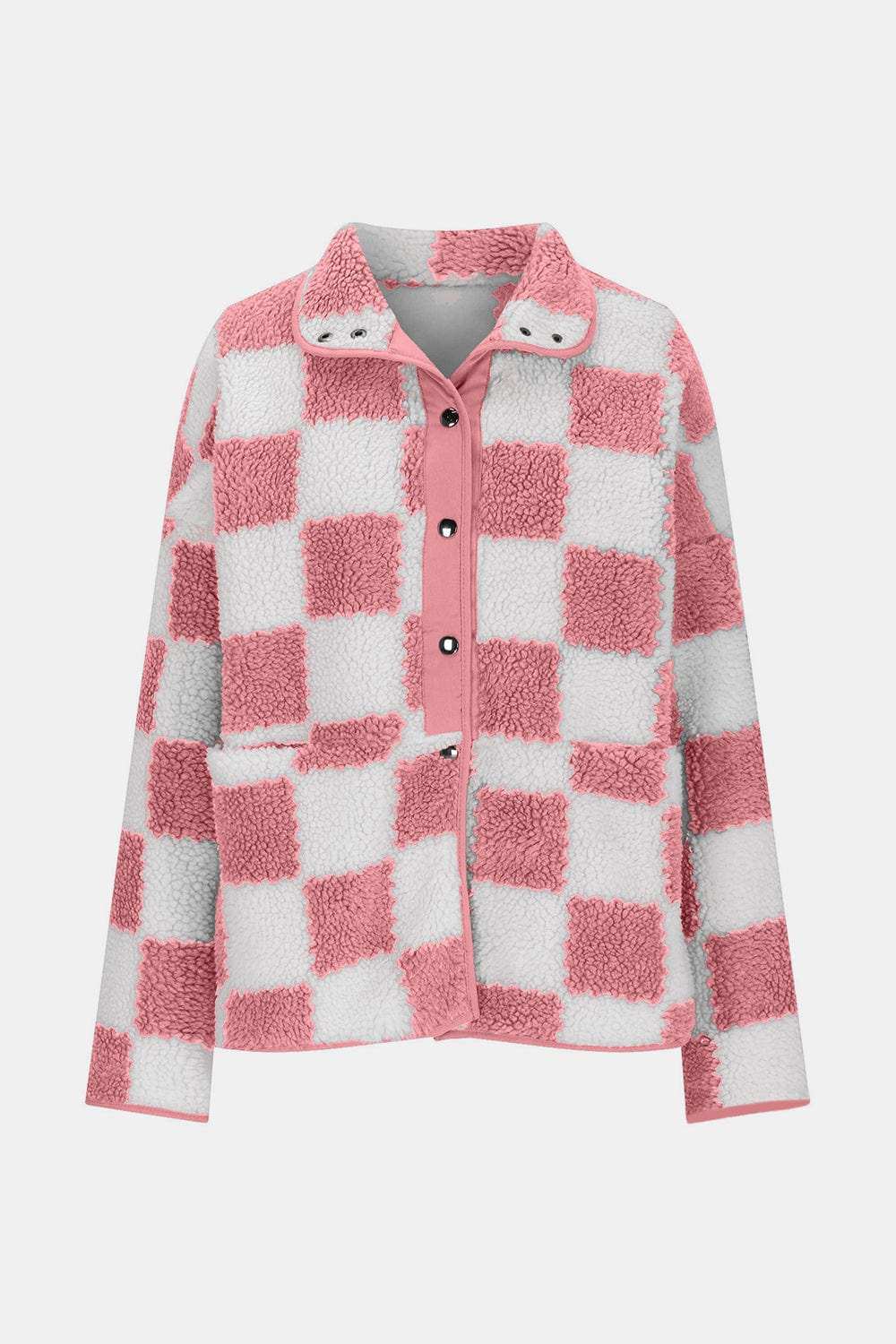 Checkered Snap Down Long Sleeve Teddy Jacket - Trendsi - Flyclothing LLC