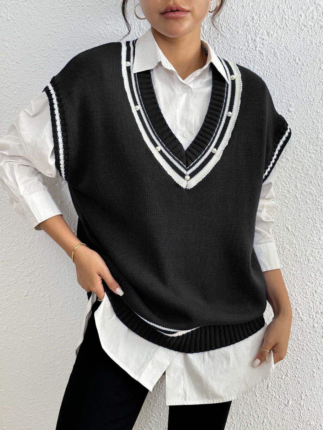 Pearl Trim Contrast V-Neck Sweater Vest - Trendsi - Flyclothing LLC