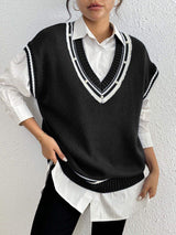 Pearl Trim Contrast V-Neck Sweater Vest - Trendsi - Flyclothing LLC