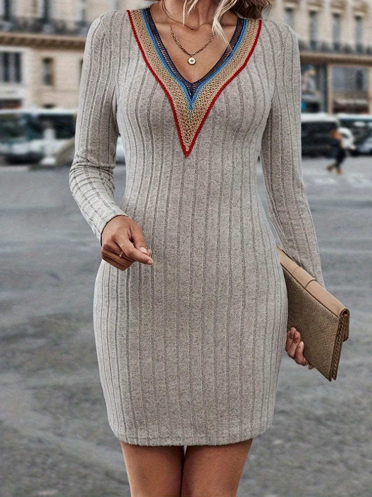 Contrast Detail V-Neck Long Sleeve Dress - Trendsi - Flyclothing LLC