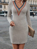 Contrast Detail V-Neck Long Sleeve Dress - Trendsi
