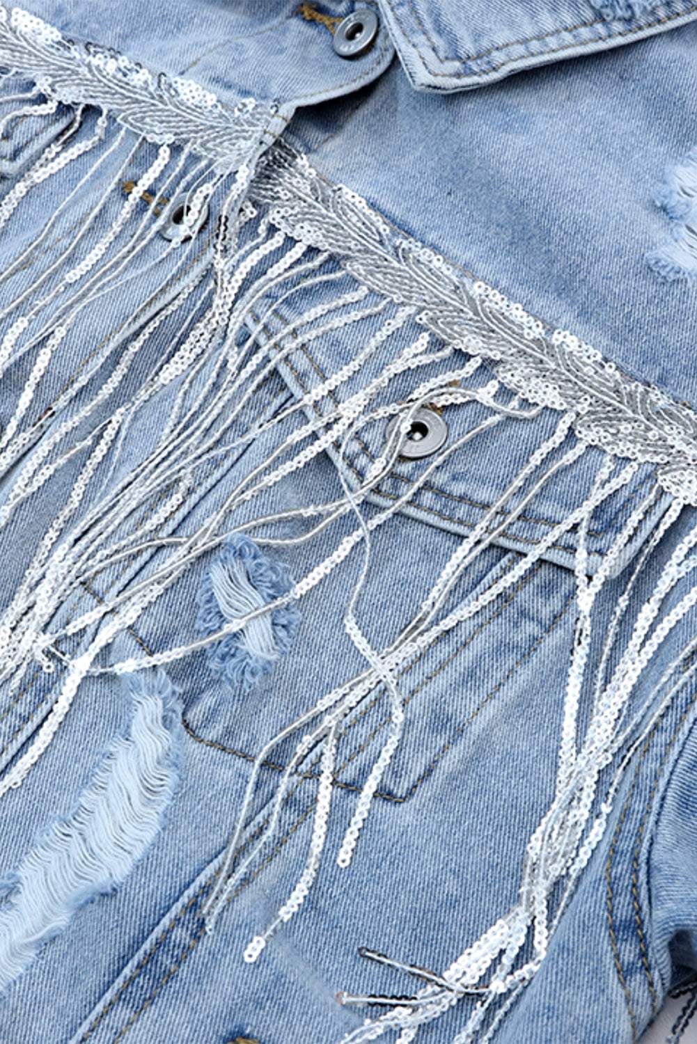 Sequin Fringe Trim Distressed Button Up Denim Jacket - Trendsi - Flyclothing LLC