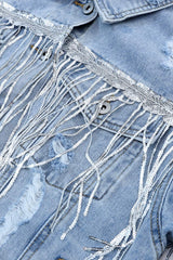 Sequin Fringe Trim Distressed Button Up Denim Jacket - Trendsi - Flyclothing LLC