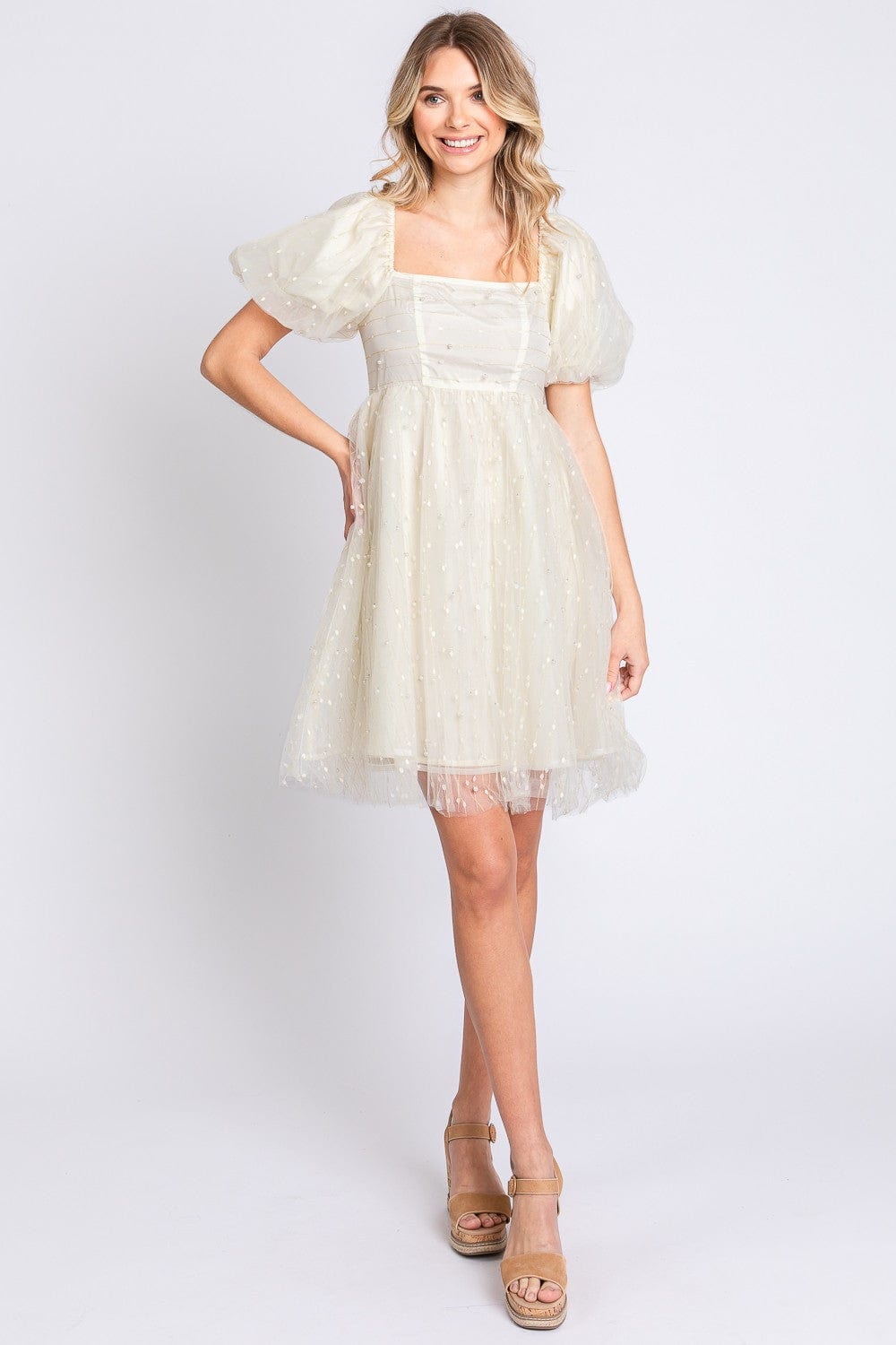 GeeGee Pearl Mesh Puff Sleeve Babydoll Dress - Trendsi