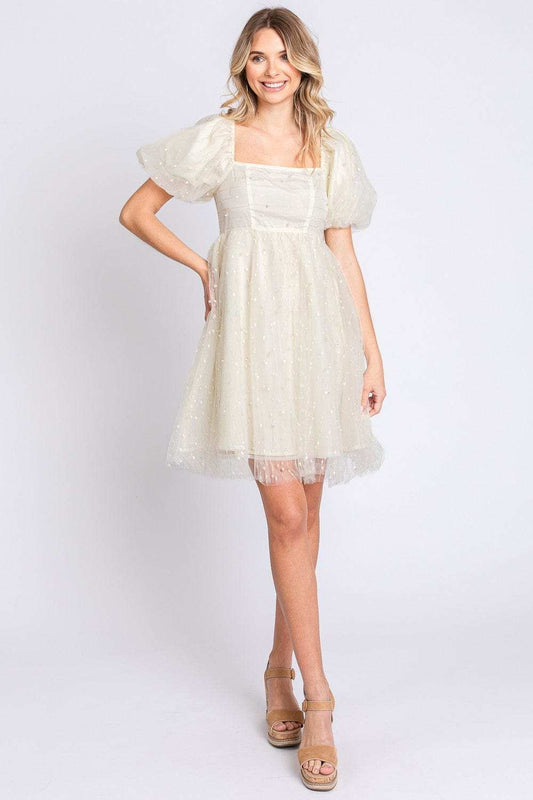 GeeGee Pearl Mesh Puff Sleeve Babydoll Dress - Trendsi - Flyclothing LLC