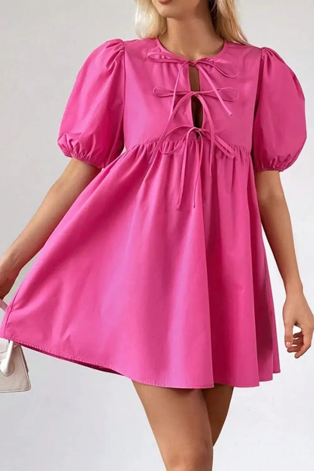 Puff Sleeve Tie Front High Waist Mini Dress - Trendsi - Flyclothing LLC