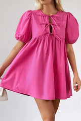 Puff Sleeve Tie Front High Waist Mini Dress - Trendsi - Flyclothing LLC