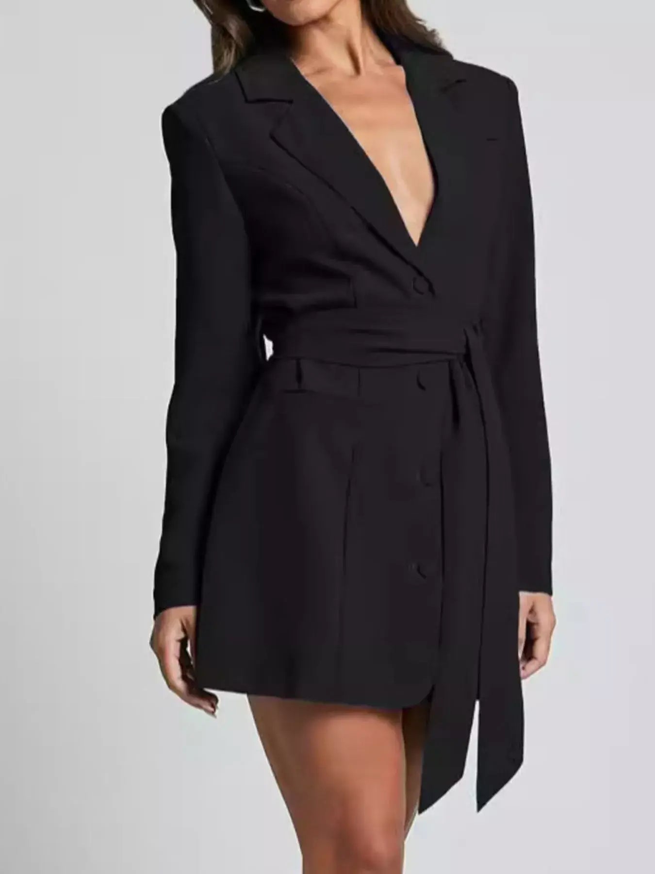 Lapel Collar Tie Waist Blazer - Trendsi - Flyclothing LLC