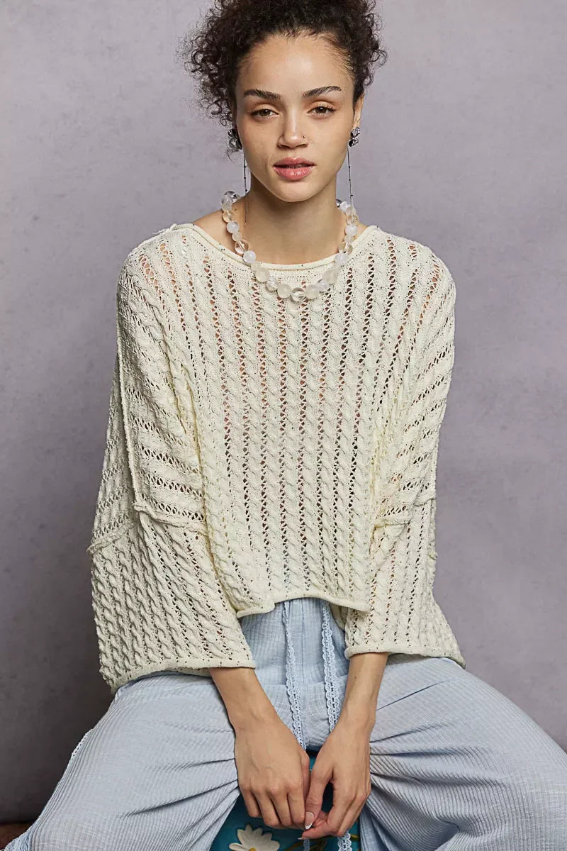 POL Cable-Knit Openwork Round Neck Cropped Sweater - Trendsi - Flyclothing LLC