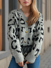Leopard V-Neck Button Up Cardigan - Trendsi
