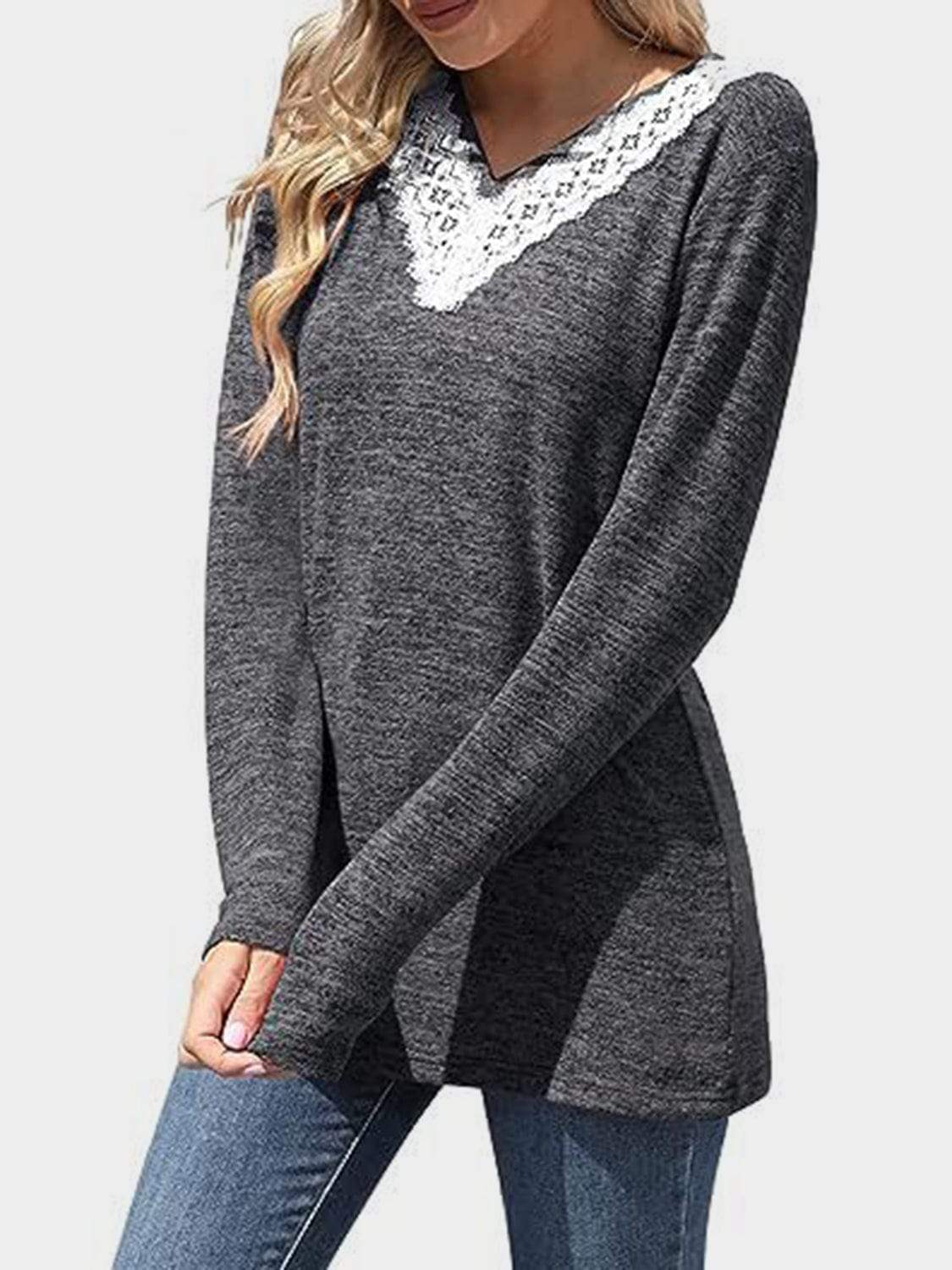 Lace Detail V-Neck Long Sleeve T-Shirt - Trendsi - Flyclothing LLC
