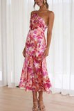 Ruched Printed Single Shoulder Midi Dress - Trendsi